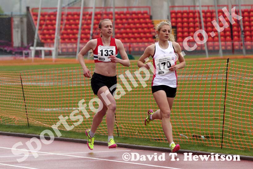 Chloe Price ((East Durham College) leads from Chloe Loredo (Stockton Sixth Form College) during the 1S00 metres, British College Championships, Gateshead International Stadium.